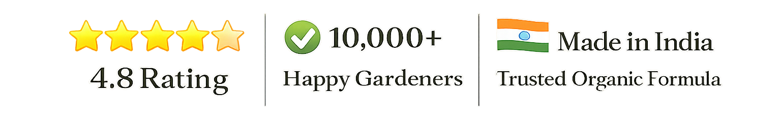 Product rating and certification badges with text '4.8 Rating', '10,000+ Happy Gardeners', 'Made in India', and 'Trusted Organic Formula'.
