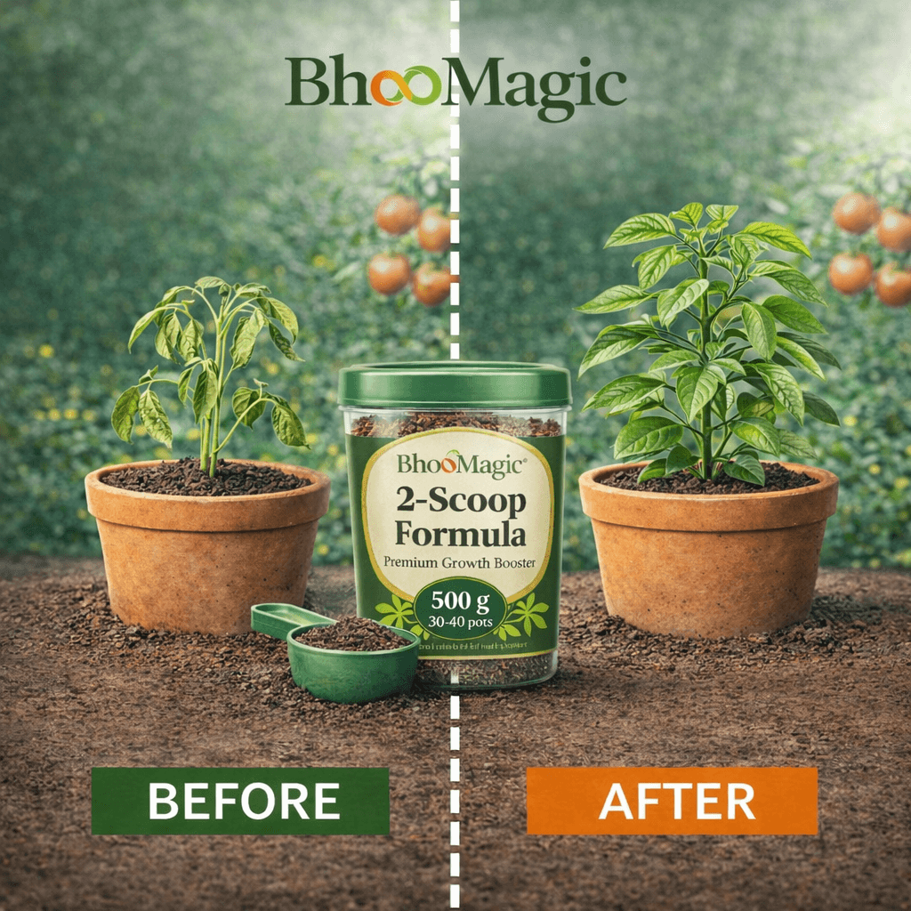 Before and after plant growth results using BhooMagic 2-Scoop Formula organic fertilizer showing healthier leaves and faster growth