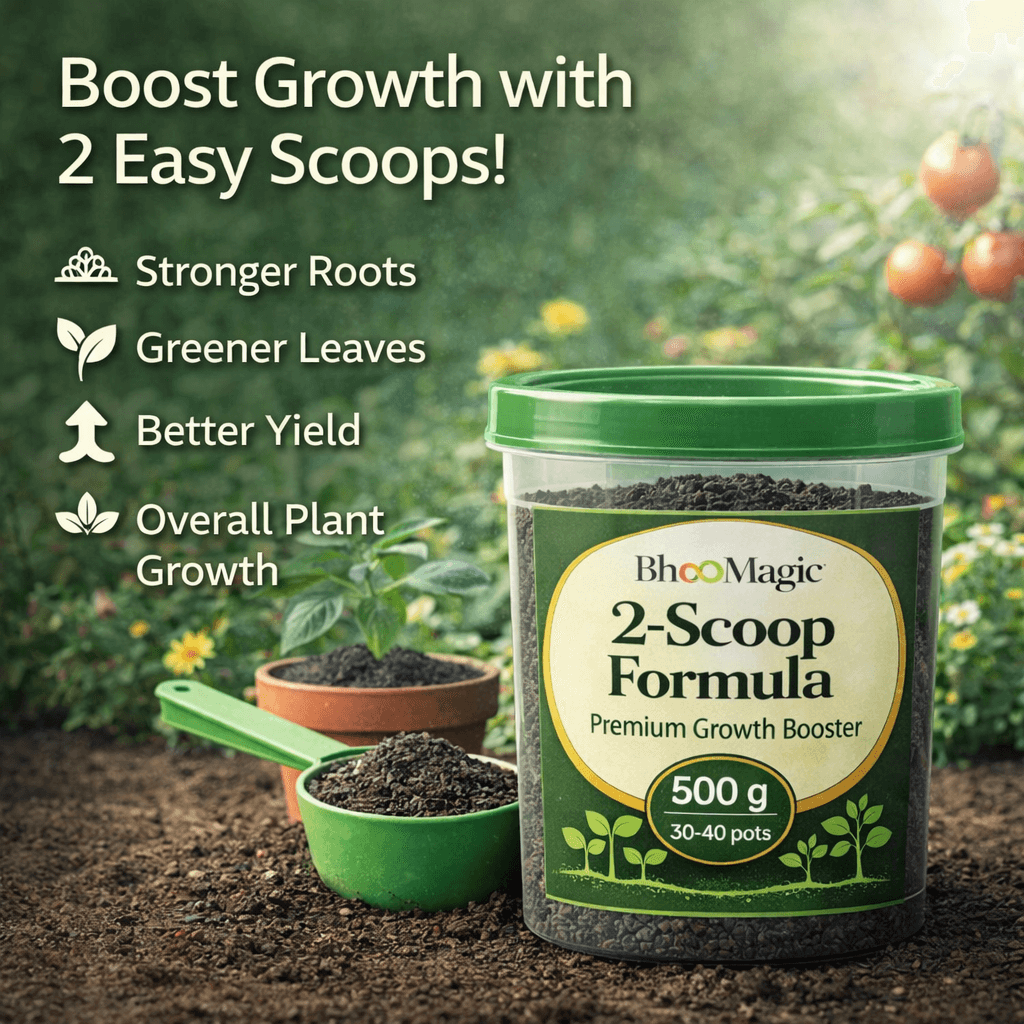 Applying BhooMagic 2-Scoop Formula organic plant growth booster in garden pots for healthy plant growth