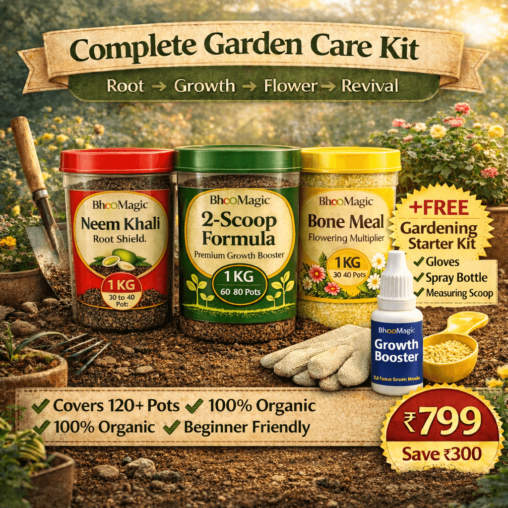 Complete organic garden care kit with neem khali bone meal growth booster and free gardening starter tools