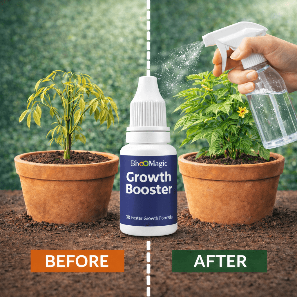 BhooMagic Plant Revival Pro liquid growth booster showing before after plant recovery with foliar spray fertilizer