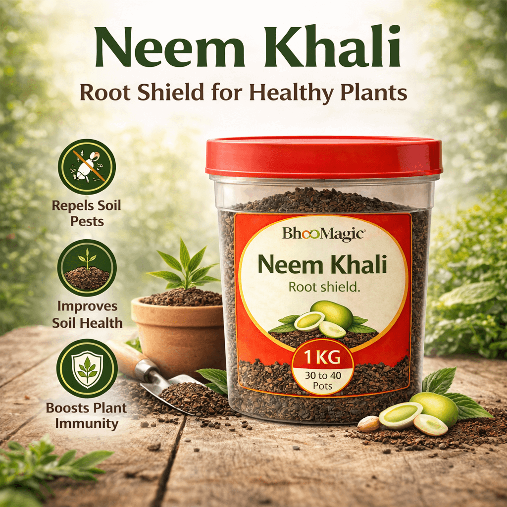 BhooMagic Neem Khali organic neem cake fertilizer showing root protection soil pest control and plant immunity benefits