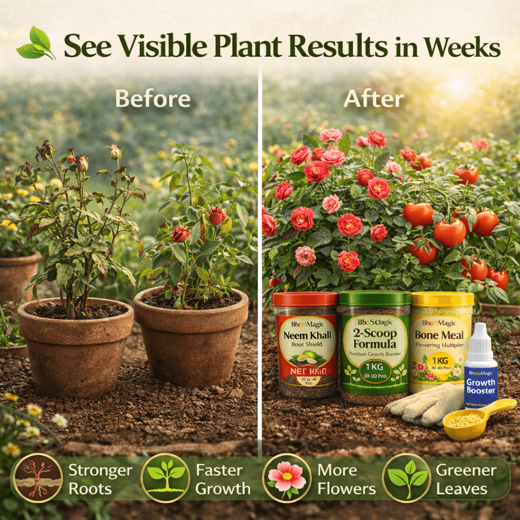 Before and after plant growth results using BhooMagic organic fertilizer combo kit