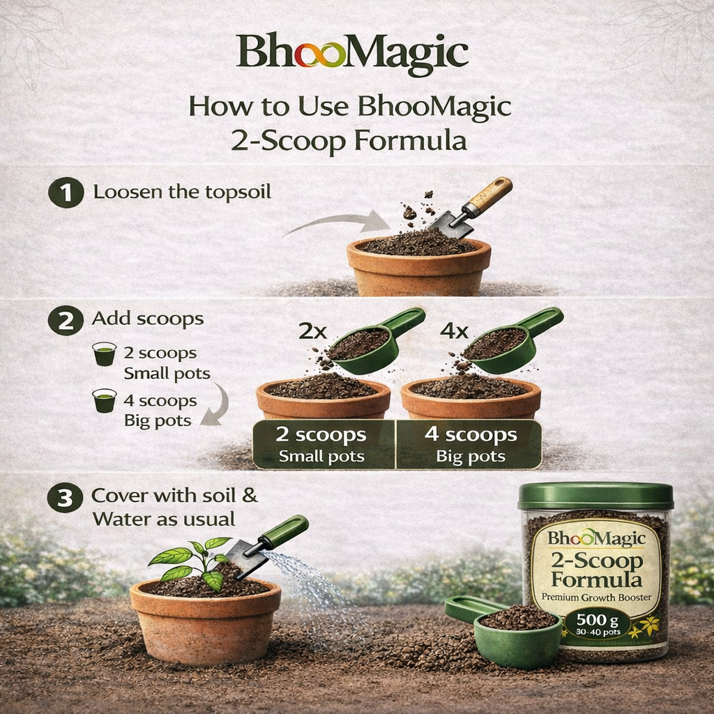 How to use BhooMagic 2-Scoop Formula organic fertilizer step by step dosage guide for home gardening plants