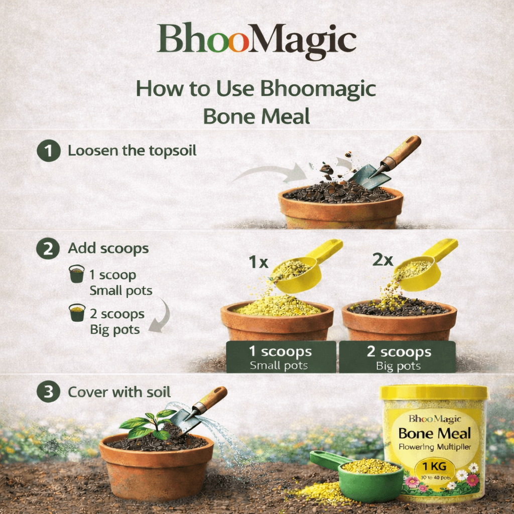 How to use BhooMagic bone meal fertilizer step by step guide for flowering plants with scoop dosage instructions