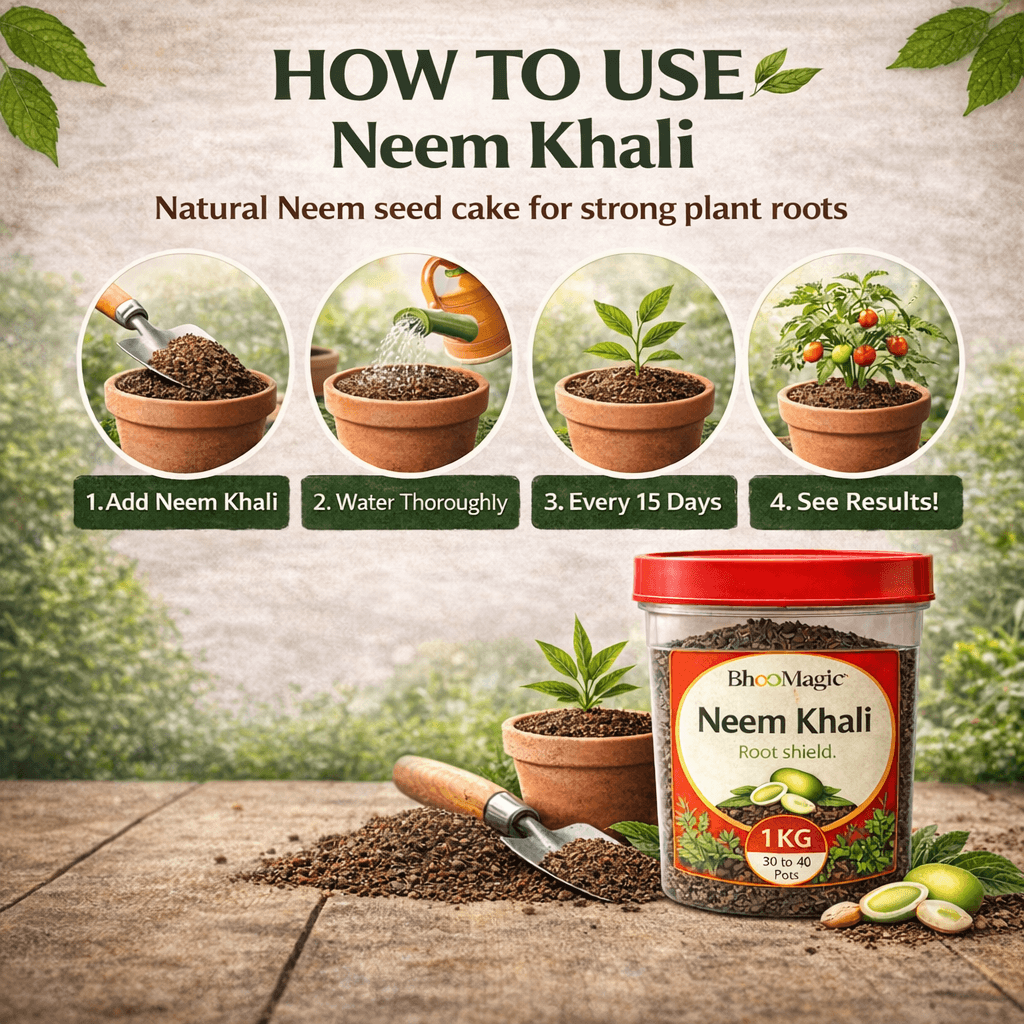 How to use BhooMagic Neem Khali organic fertilizer step by step soil application guide for healthy plant roots